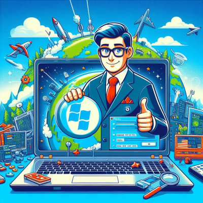 만화 스타일의 남성이 윈도우 로고가 보이는 노트북을 장난스럽게 총으로 겨누는 장면.