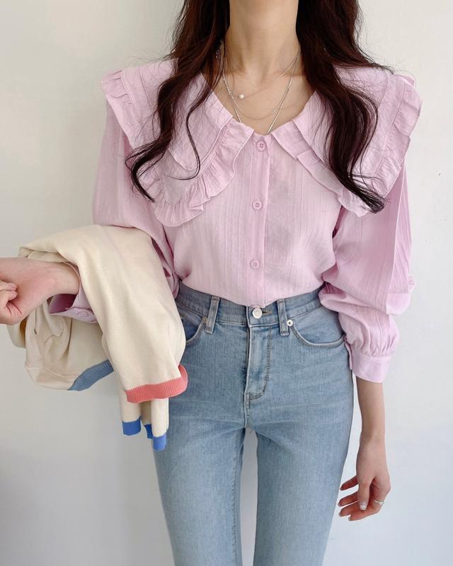 해피 프릴 카라넥 봄 블라우스