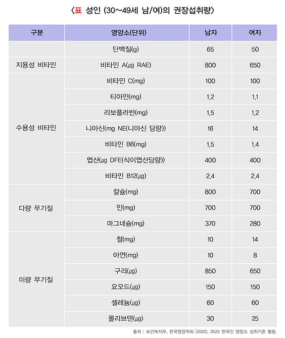 비타민 성인 권장 섭취량 표