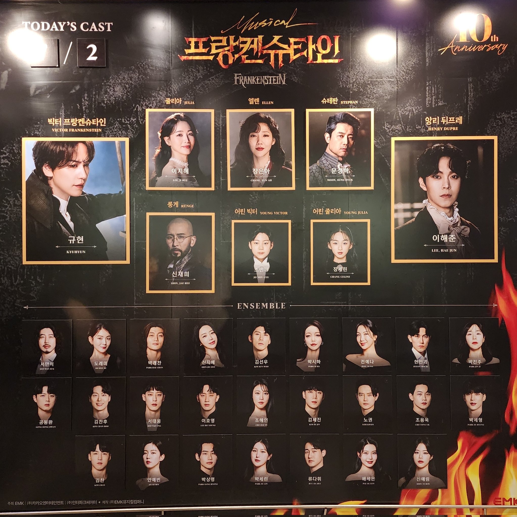 2024년 7월 2일 뮤지컬 프랑켄슈타인 캐스팅 보드
빅터 프랑켄슈타인 - 규현
앙리 뒤프레 - 이해준
줄리아 - 이지혜
엘렌 - 장은아
슈테판 - 문성혁
룽게 - 신재희
어린 빅터 - 조민규
어린 줄리아 - 장세린