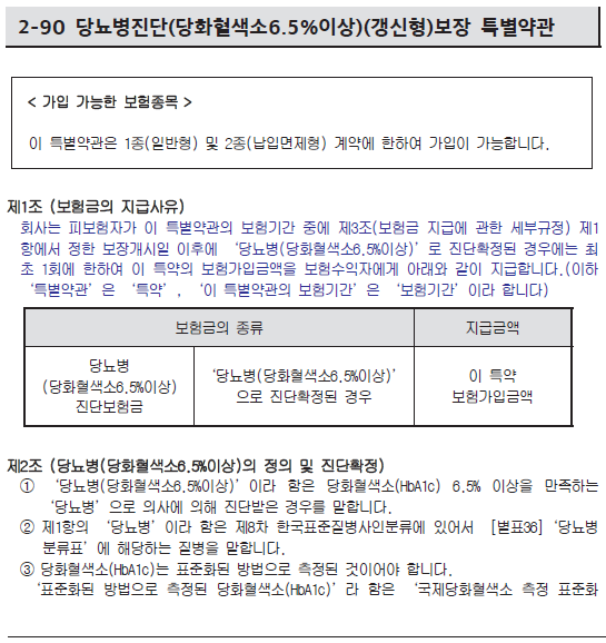 출처; 현대해상 퍼팩트플러스종합보험&#44; 당뇨병진단(당화혈색소6.5%이상)보장 특별약관