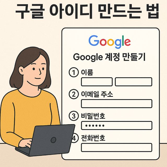 Google 계정 만들기 과정을 설명하는 일러스트: 노트북을 사용하는 여성과 함께 이름, 이메일 주소, 비밀번호, 전화번호 입력 순서를 보여주는 구글 가입 폼이 포함된 이미지
