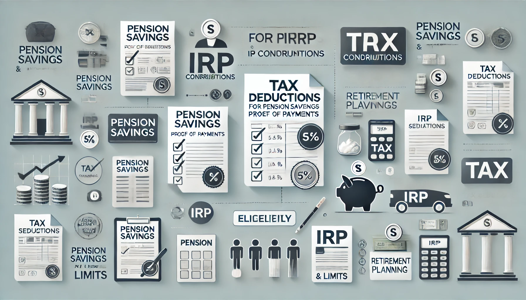 연금저축 및 IRP 공제를 위한 증명서를 설명하는 인포그래픽, 금융기관 발급 증명서, 은퇴 계획 아이콘, 공제 한도와 조건 체크리스트 포함.