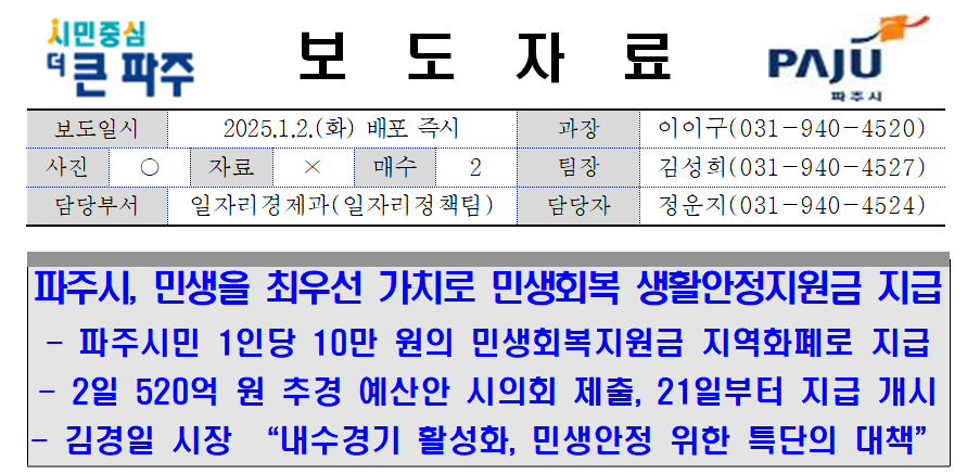 파주시 1인당 10만원 생활안정지원금 신청기간 신청방법