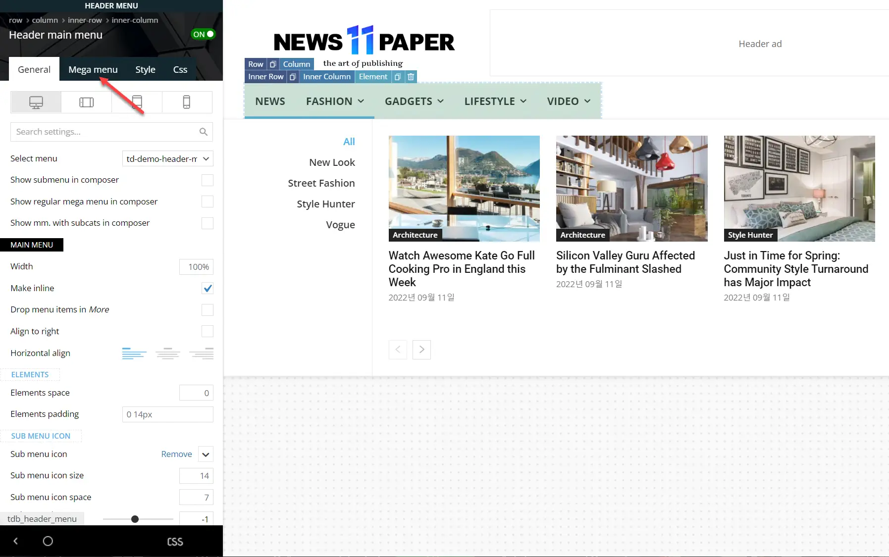 워드프레스 뉴스페이퍼 테마 메가 메뉴 옵션 지정하기