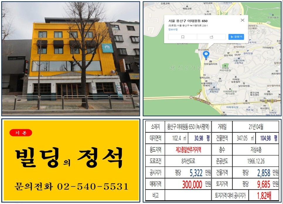  [용산구 경리단길 30억 올근생 꼬마빌딩 실거래가 조회] 이태원동 650 (녹사역) 30억 원, 평당 9,685만 원 매매되었습니다. 해방촌, 장진우거리, 용산가족공원