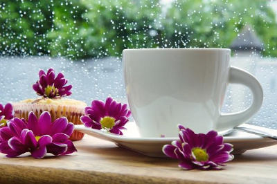 빗방울 맺혀 있는 창문 앞 커피 한 잔과 자주색 꽃