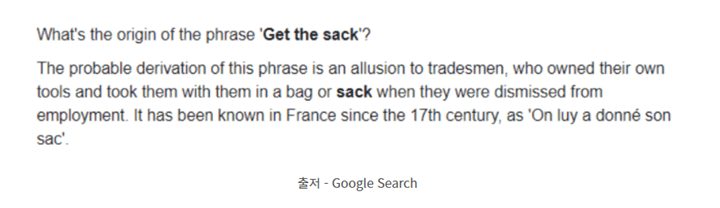 Get the sack 표현의 유래를 Google에서 검색한 화면