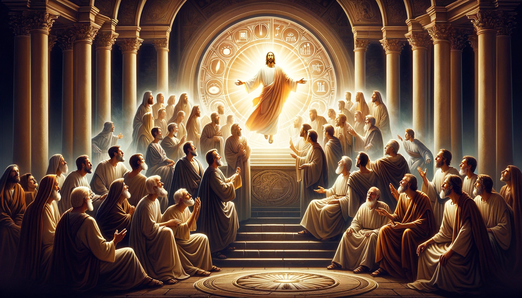 부활하신 예수님을 증거하는 것이 사도의 본분임 - Here is the image symbolizing the apostles&amp;#39; role in witnessing the resurrected Jesus Christ&amp;#44; a fundamental aspect of their mission. The radiant figure of Christ and the apostles&amp;#39; awe and reverence are central to the scene&amp;#44; emphasizing their calling as witnesses.