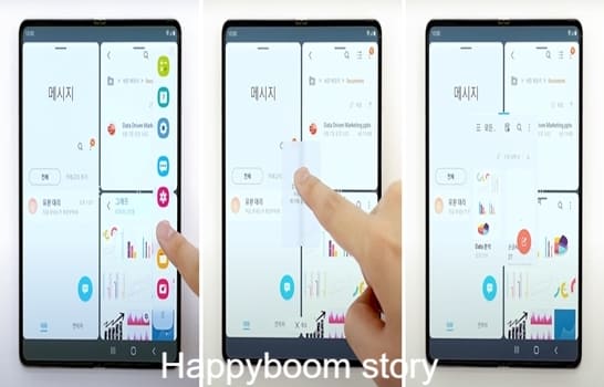 갤럭시-Z-폴드-3에서-멀티-윈도우-창을-3개-실행시킨-상태에서-팝업-화면-방식으로-4번째-창을-추가하는-과정의-모습