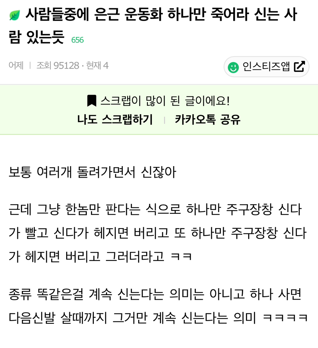 사람들 중에 은근 운동화 하나만 죽어라 신는 사람 있는듯.jpg