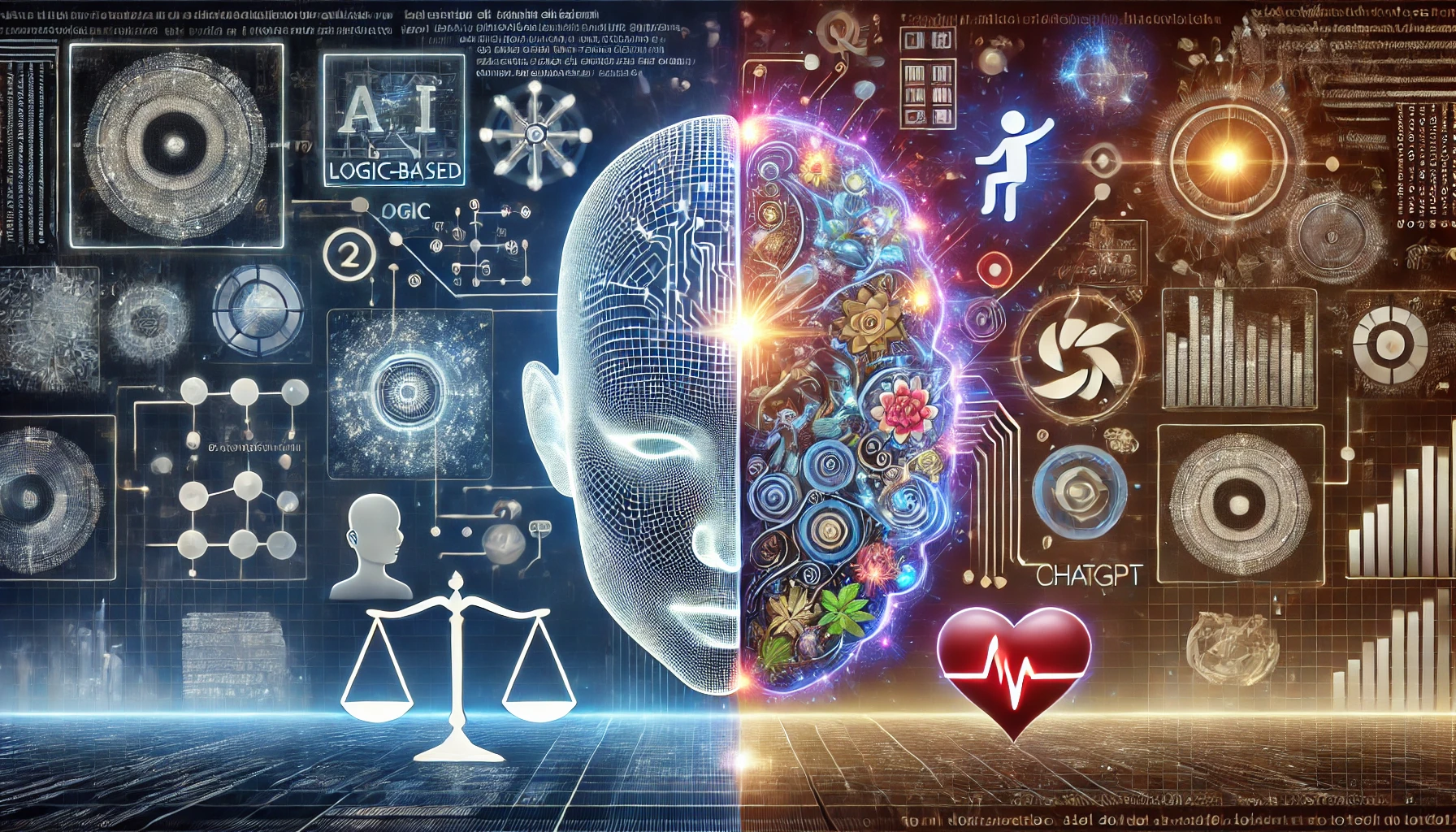 AI가 윤리적 결정을 내리는 모습을 상징적으로 표현한 이미지. 한쪽은 논리, 다른 한쪽은 감정과 윤리를 나타냄.