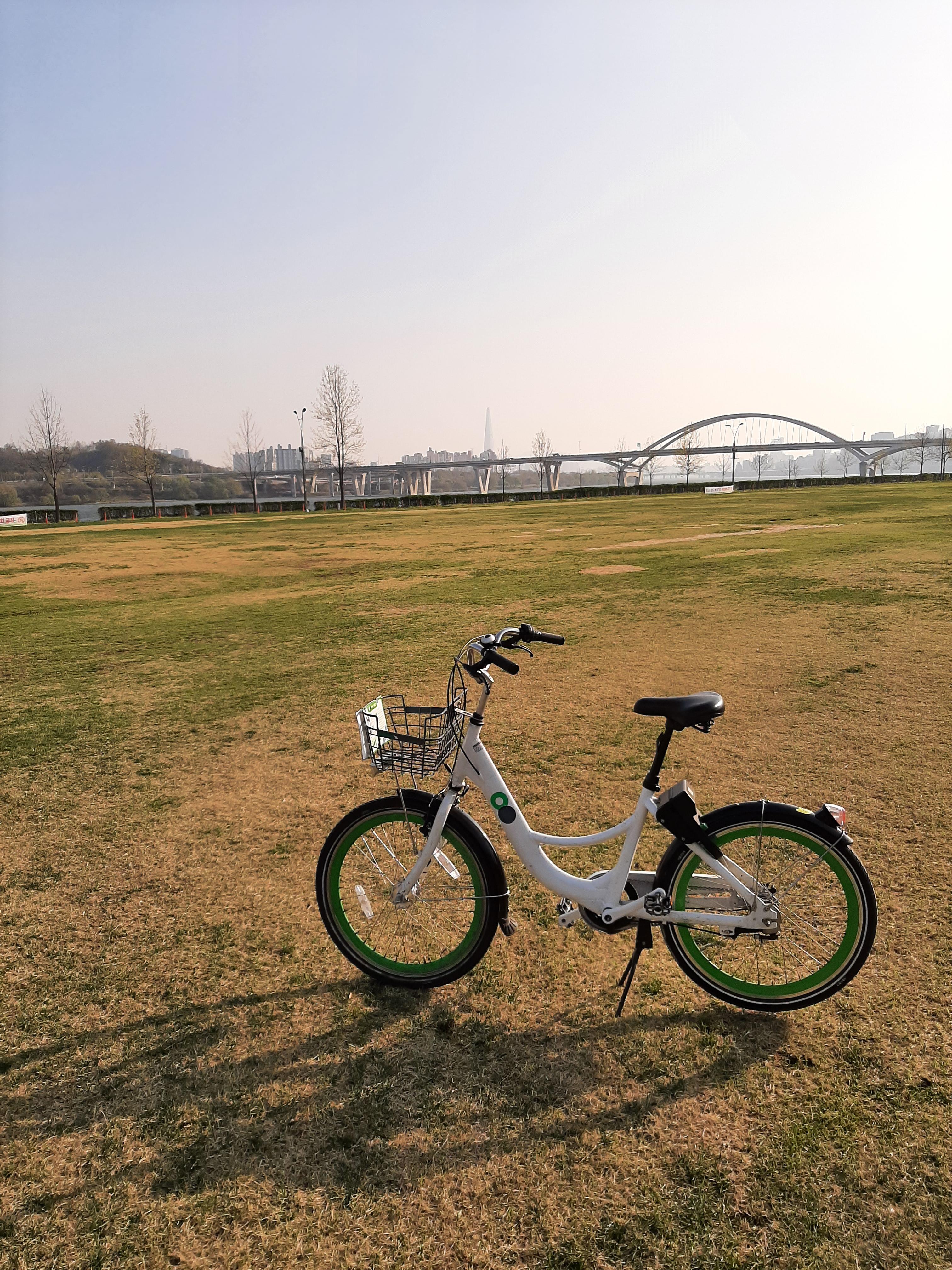 Seoul public bike Dda-Reungi on riverside park grass field – 서울시 공공자전거 따릉이와 강변 잔디밭 풍경