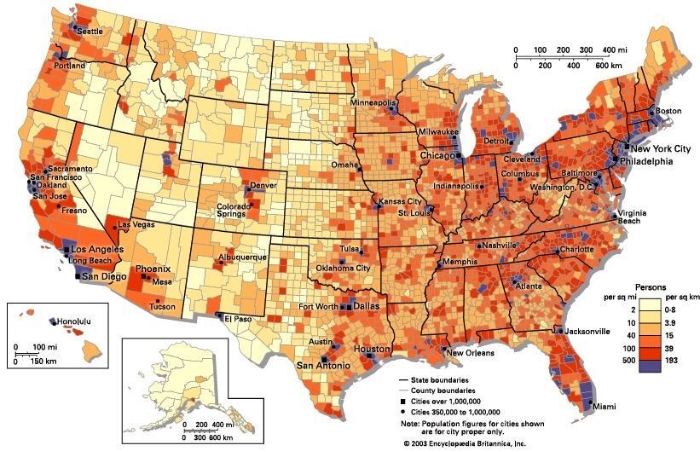 미국 카운티별 인구밀도 지도