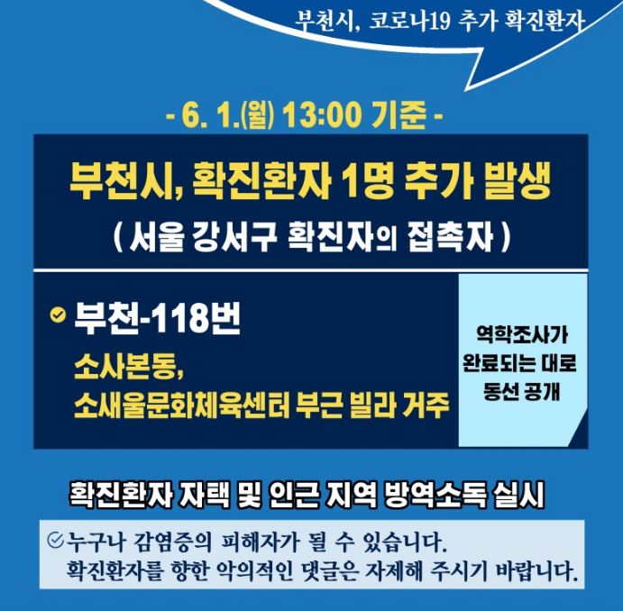  부천시 118번 코로나19 확진자 대웅제약 영업사원 동선은?