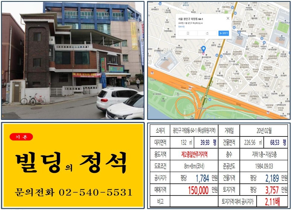  [광진구 7호선 10억 꼬마빌딩 실거래가 조회] 자양동 64-1 (뚝섬유원지역) 15억 원, 평당 3,757만 원 매매되었습니다. 자양1구역, 롯데캐슬리버파크시그니처아파트