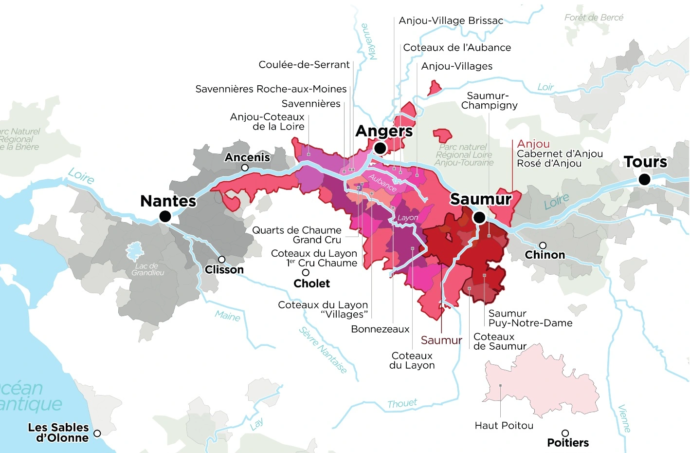 프랑스 루아르(Loire) 앙주-소뮈르(Anjou-Saumur) 지역의 AOC 지도