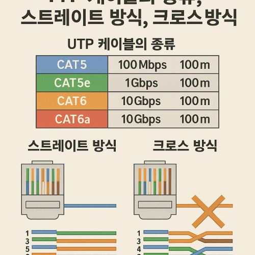 UTP 케이블의 종류와 속도, 최대 거리, 그리고 스트레이트 및 크로스 배선 방식을 시각적으로 설명한 교육용 다이어그램. 한국어로 표기된 케이블 분류표와 배선 색상 배열이 함께 제시되어 있다.