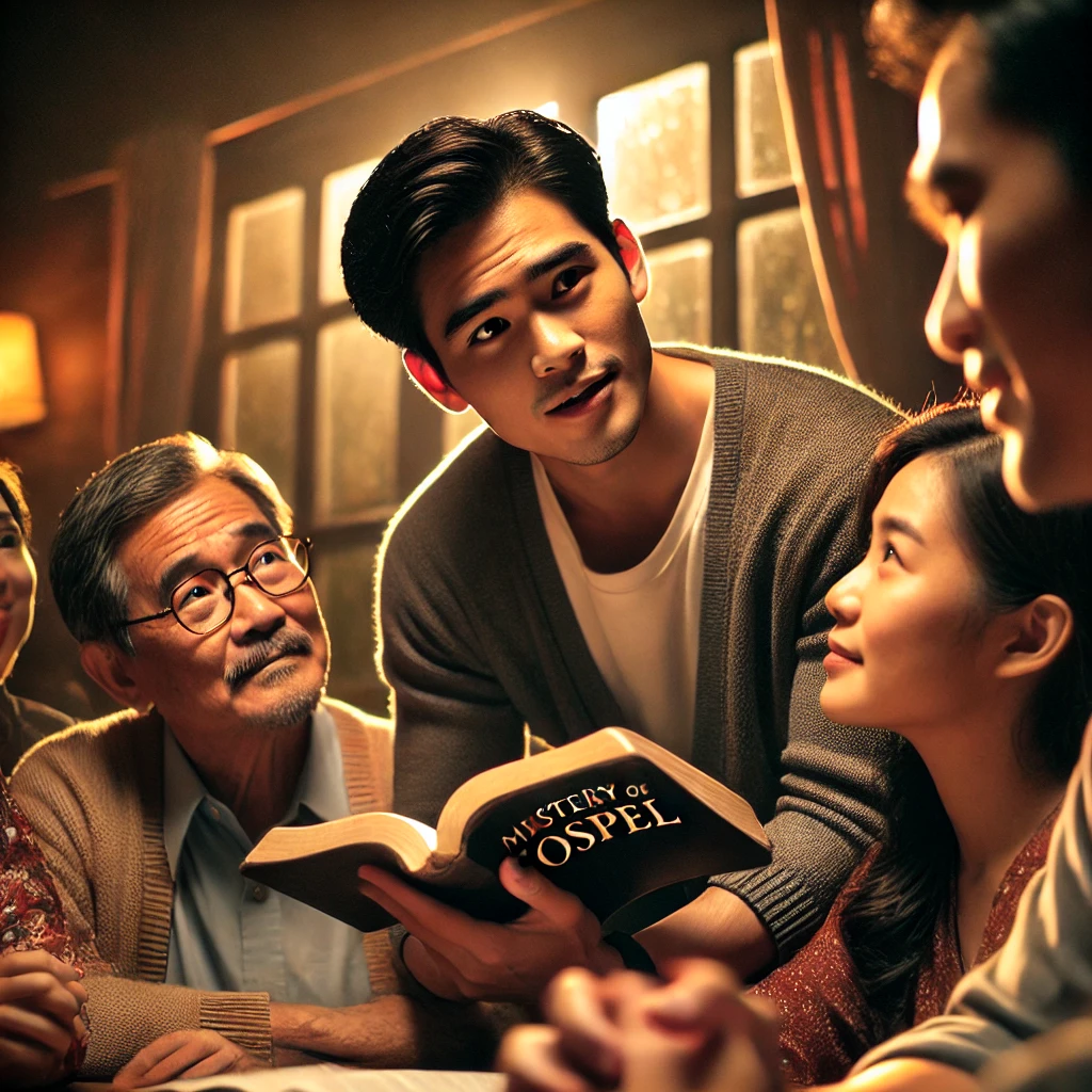 Here is the depiction of a man inspired by Ephesians 6:19&amp;#44; confidently sharing the mystery of the gospel with his family. The scene reflects warmth and connection&amp;#44; as he speaks boldly about the Word of God with compassion.