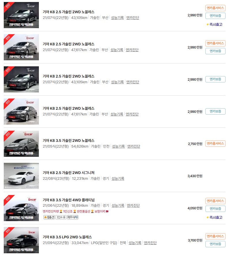 K8(21년~23년식) 중고차 가격