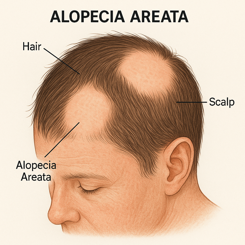 medical illustration showing alopecia areata in scalp, labeled diagram