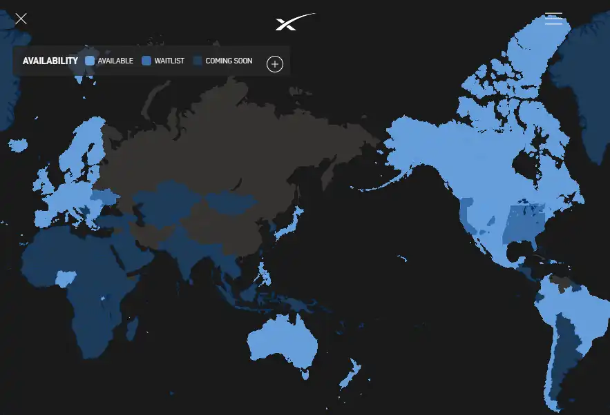 그림 7. 전세계 스타링크 서비스 사용 가능한 지역은 푸른색으로 표기되어 있다. (출처: 스페이스 X 공식 홈페이지)