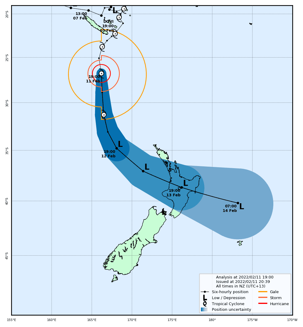 뉴질랜드 기상청 제공 사이클론 도비 예상 경로도
