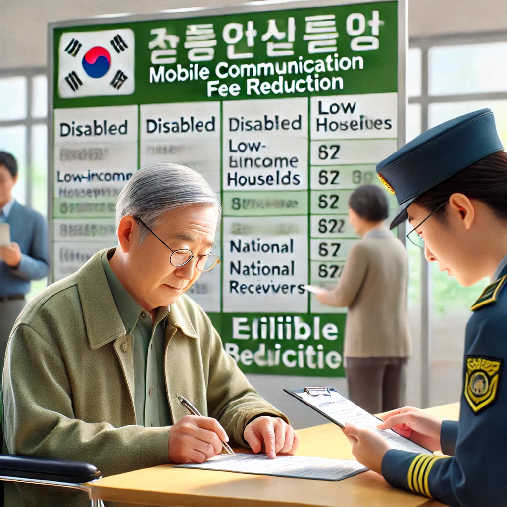 정부 기관에서 이동통신비 감면 신청서를 작성하는 노인, 상담 직원 지원 모습