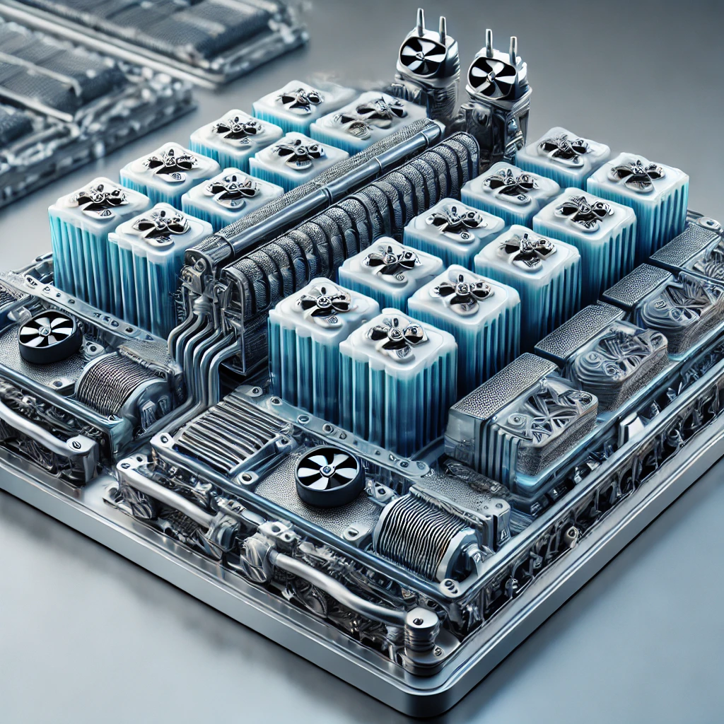 전기차 배터리 셀과 냉각 시스템의 현실적 시각화&amp;#44; 프리즘형 셀과 통합 냉각 채널의 효율적 배치 이미지.