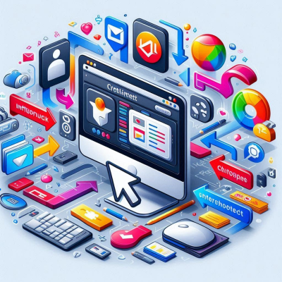 웹사이트와 아이콘이 입체적으로 떠 있는 화면.