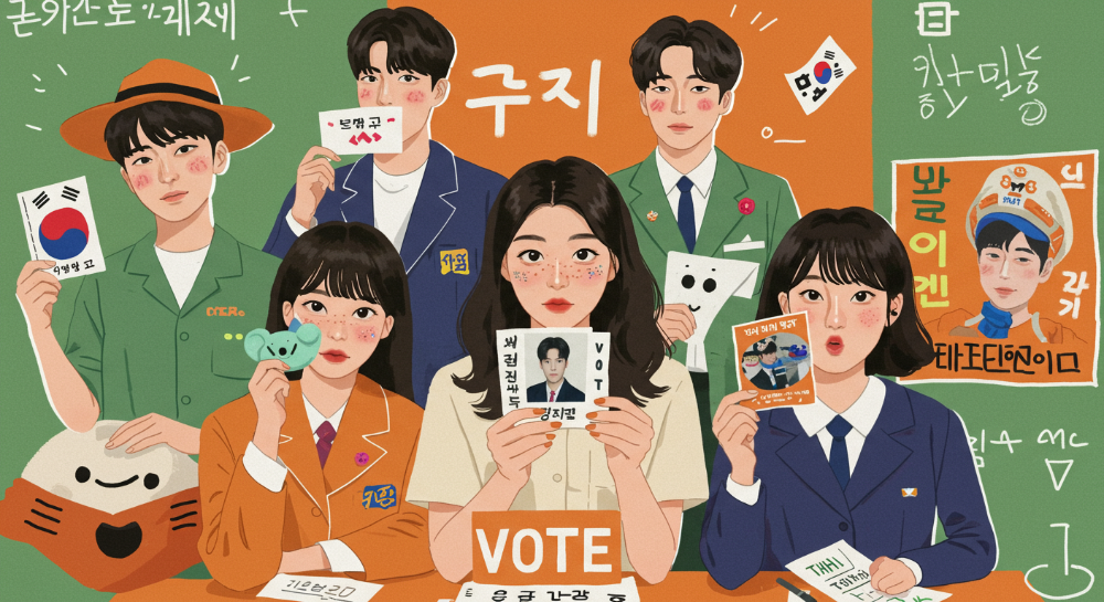 2025년 대통령선거에서 MZ세대가 개성 있는 캐릭터와 아이돌 투표 인증 용지를 들고 활기차게 참여하는 모습.