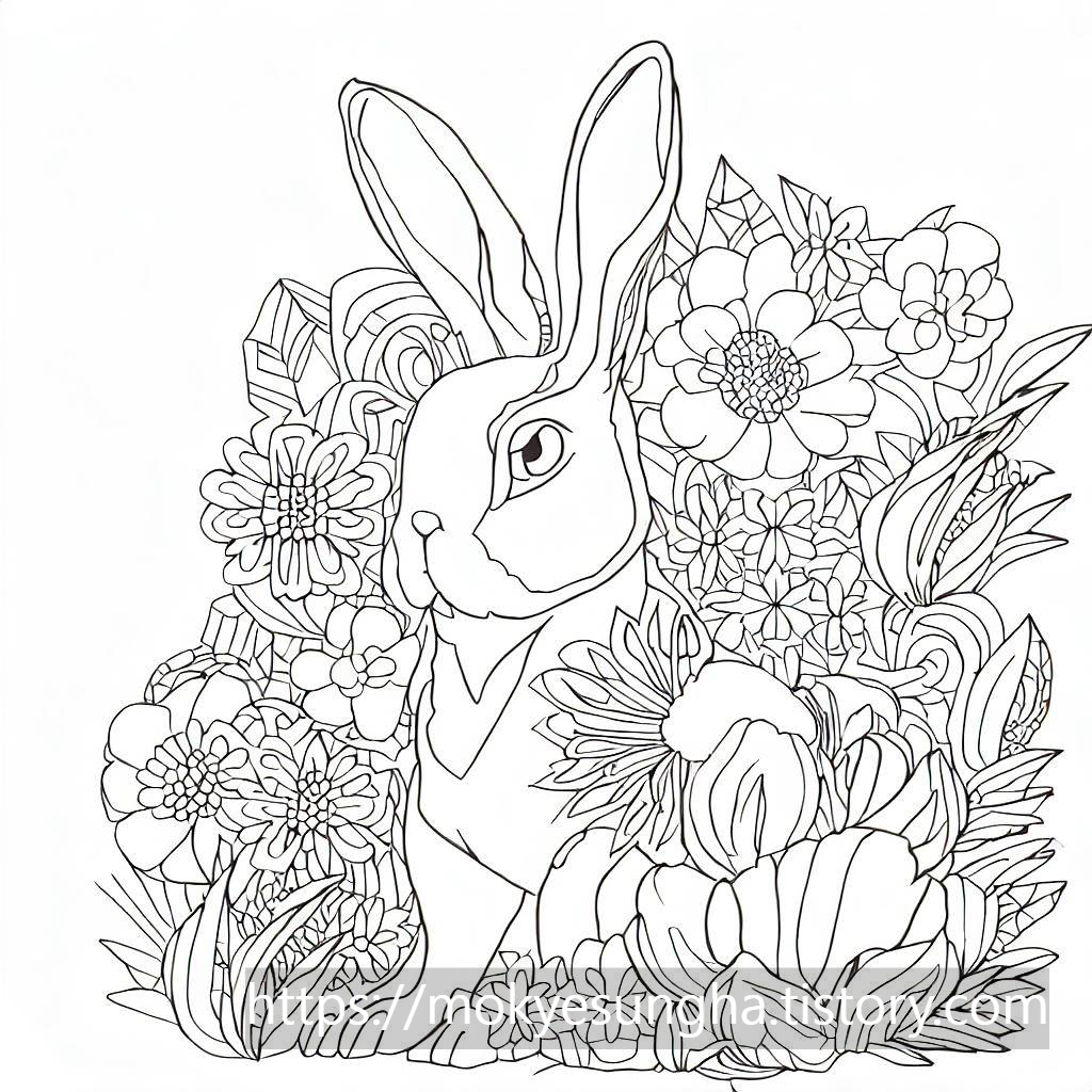 꽃과 함께 있는 토끼 색칠 도안