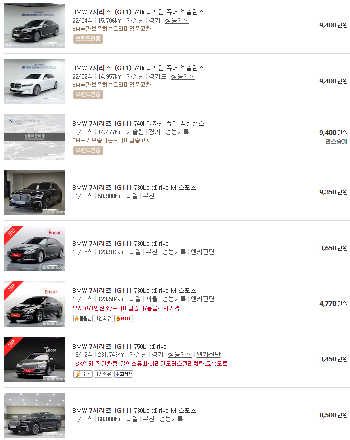 BMW 7시리즈 G11 중고차 시세