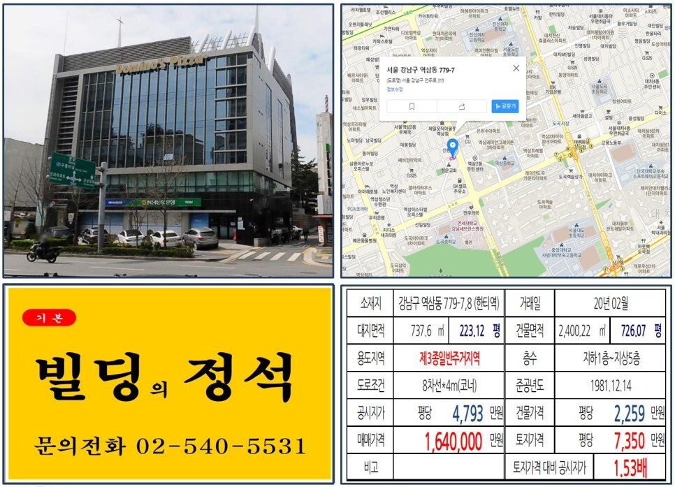  [강남구 강남세브란스병원 100억 올근생빌딩 실거래가 조회] 역삼동 779-7,8 (한티역) 164억 원, 평당 7,350만 원 매매되었습니다. 도곡렉슬, 도곡삼호아파트 재건축