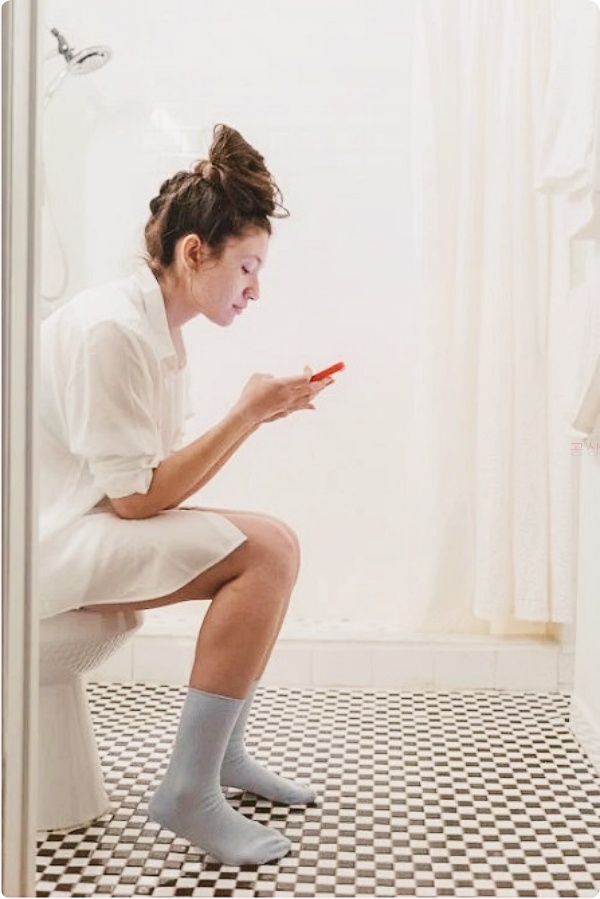 화장실 변기에 앉아 스마트폰을 하는 여자