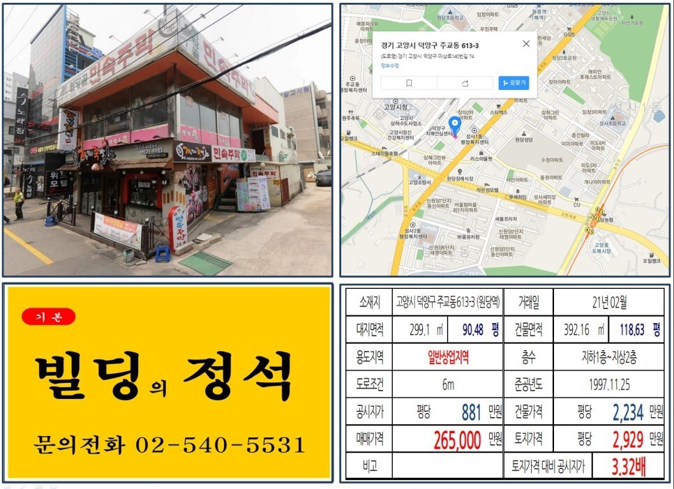  [고양시 먹자상권 20억 올근생 꼬마빌딩 실거래가 조회] 주교동 613-3 (원당역) 26.5억 원, 평당 2,929만 원 매매되었습니다. GT