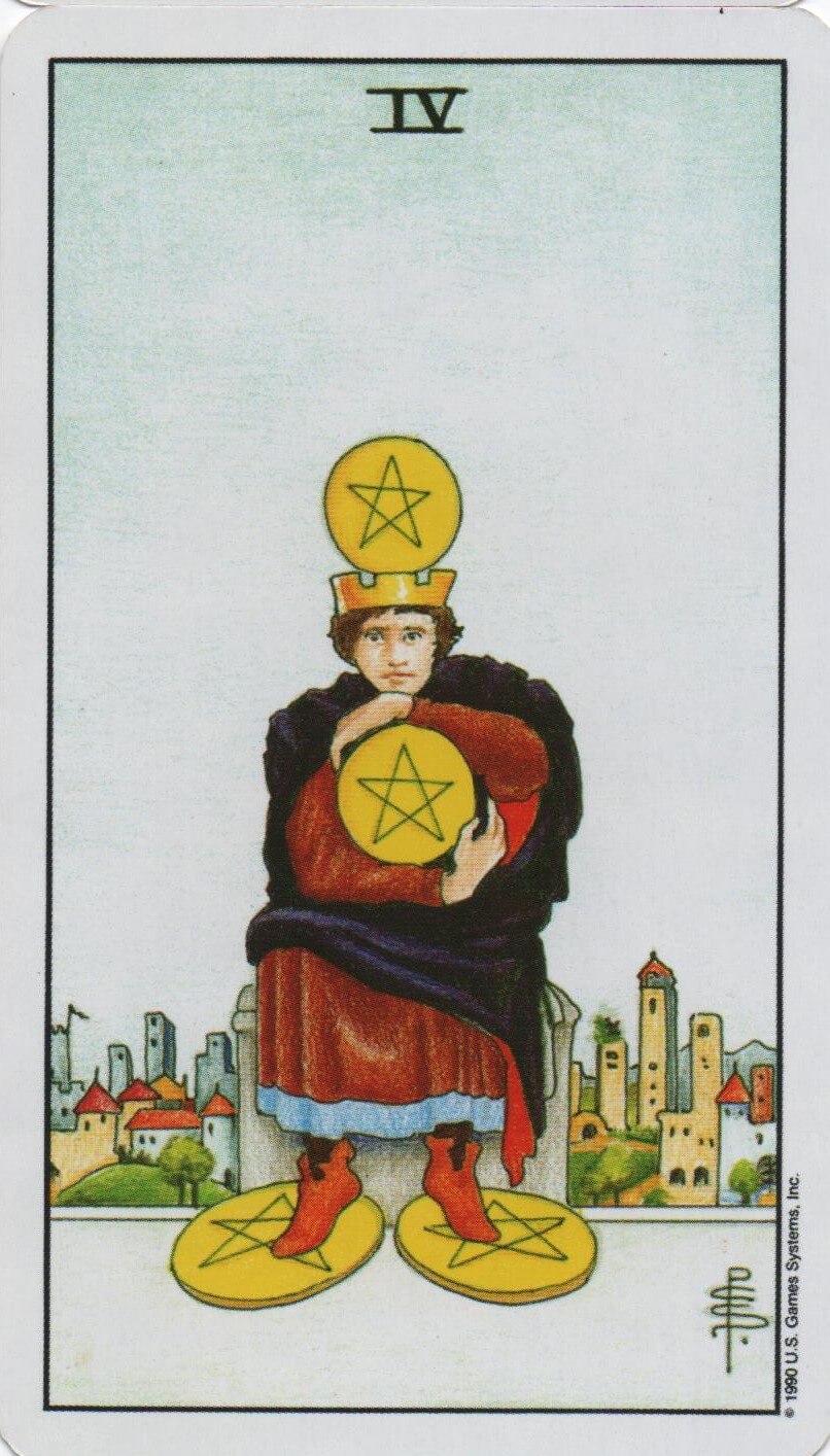  [타로 마이너카드] Four of Pentacles 펜타클 4 카드 정방향/ 역방향 뜻, 의미, 상징