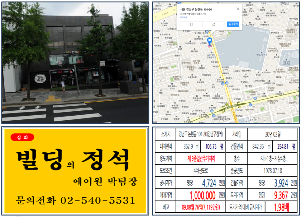  [강남구 영동고등학교 학교 앞 꼬마빌딩 실거래가 조회] 논현동 101-20 (강남구청역) 100억 원, 평당 7,119만 원, 학동사거리 대로변