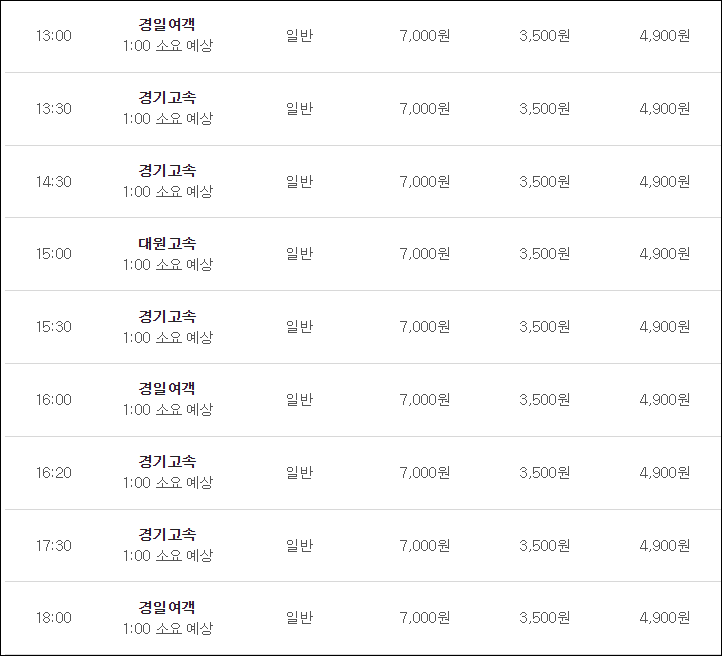 동서울터미널 대소 고속버스 시간표, 요금, 예매 동서울터미널 대소 고속버스 시간표, 요금, 예매