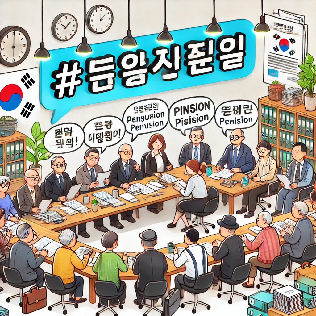 국민연금 관련 문제로 논의 중인 한국의 정부 사무실 장면