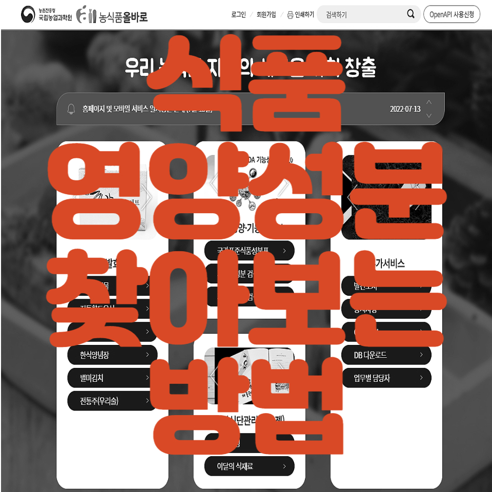  식품 영양성분 찾아보는 방법 (농식품올바로)