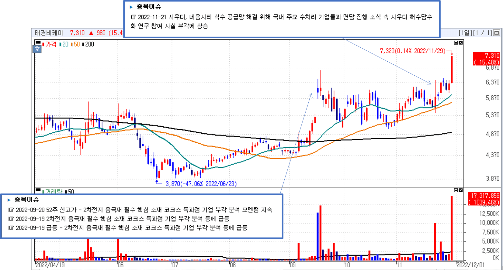 태경비케이 52주 신고가 주가 일간 차트