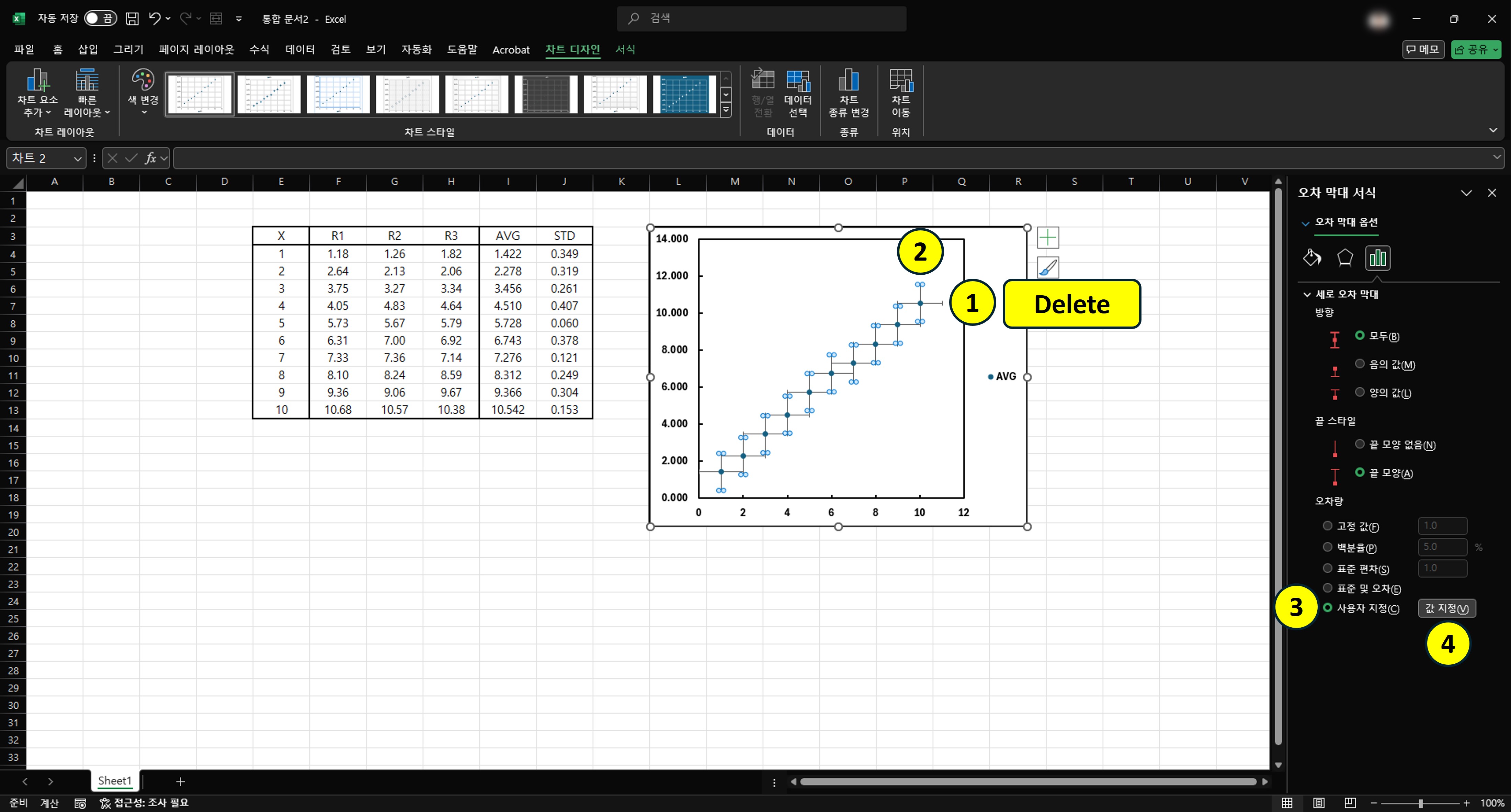X 오차막대는 지우고, Y 오차막대의 크기를 조절하기 위한 세팅