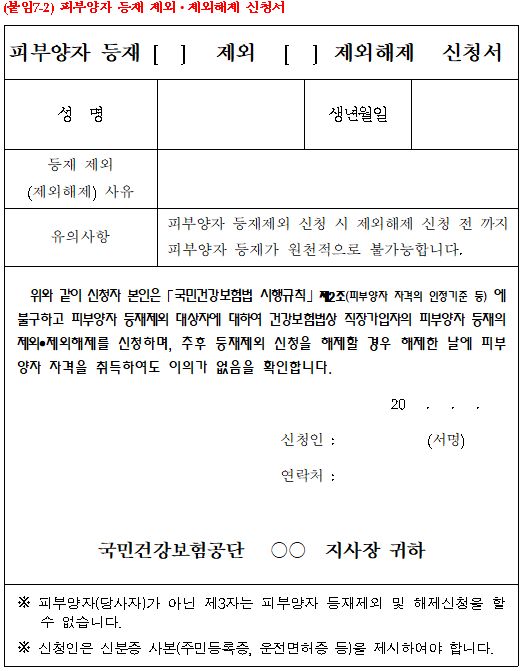  건강보험 피부양자 등재 (제외·제외해제) 신청서