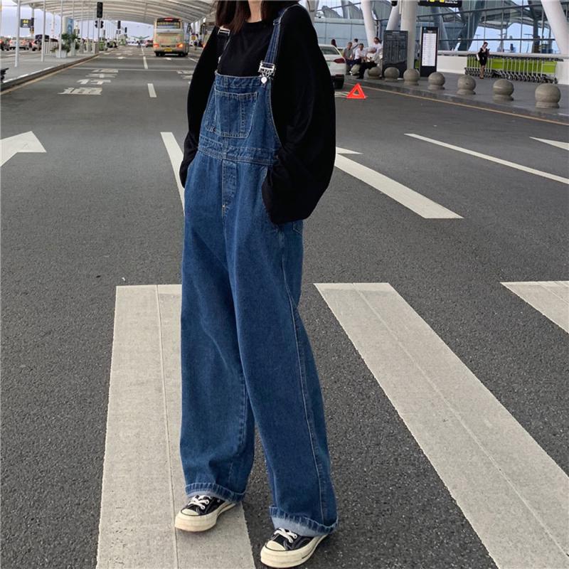 오버롤 데님 청 와이드 통 멜빵바지 2종