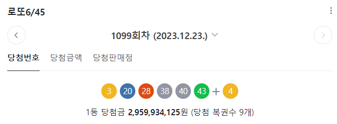 1099회 차 로또 당첨번호