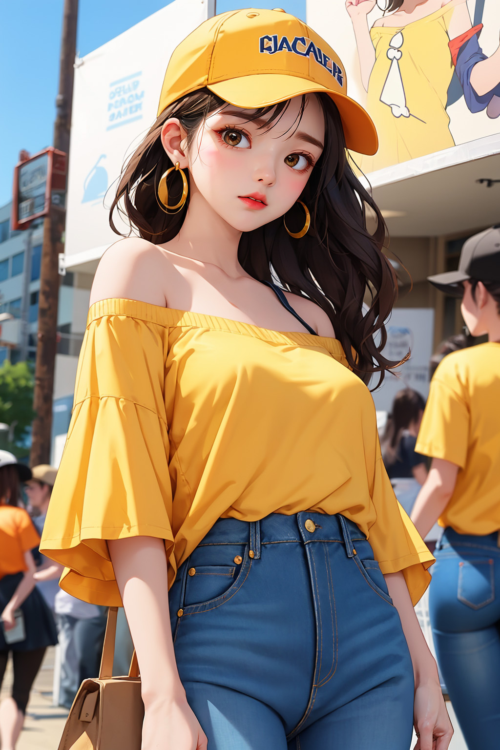  AI로 생성한 노란색 볼캡 오프숄더 청바지 2D 이미지 - 1