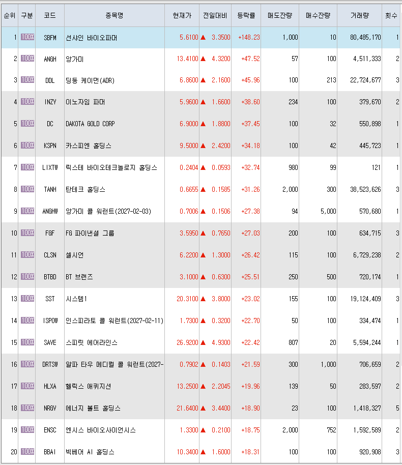  4월5일 미국주식 상승률 상위 종목 TOP 300