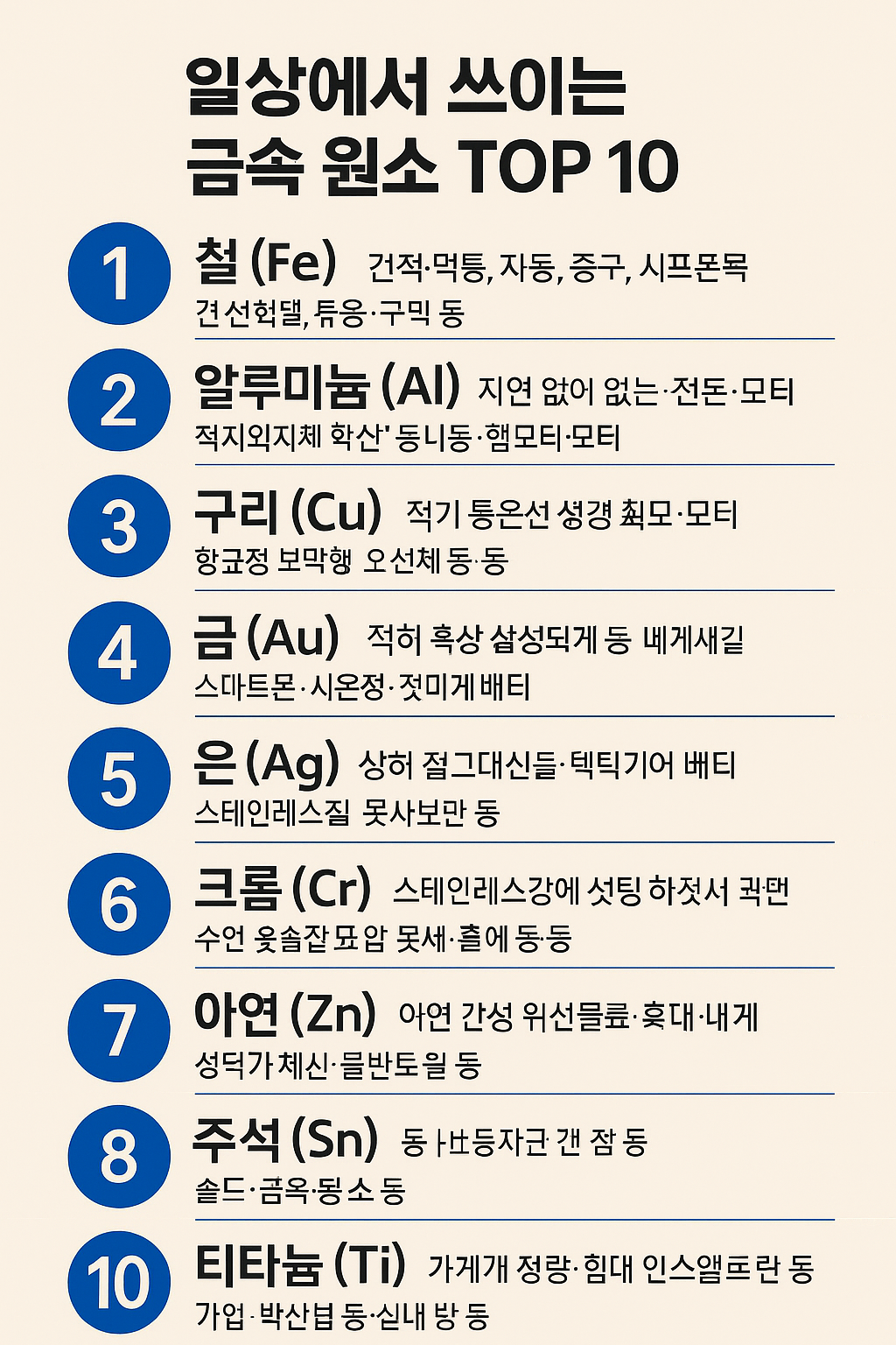 일상에서 쓰이는 금속 원소 TOP 10: 우리 삶을 지탱하는 보이지 않는 주인공들