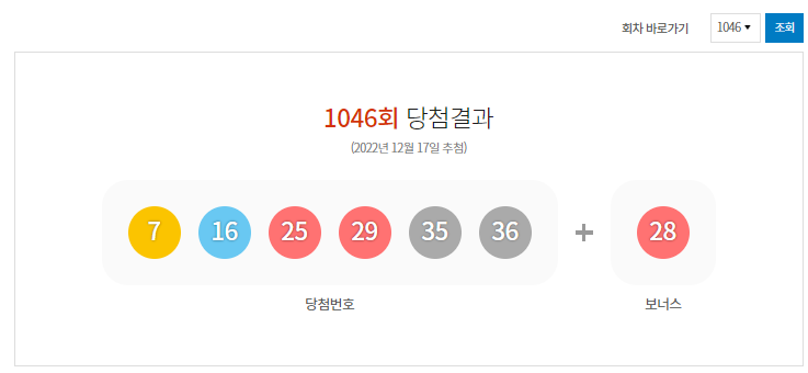  로또 645 복권 1046회 당첨번호 2022년 12월 17일
